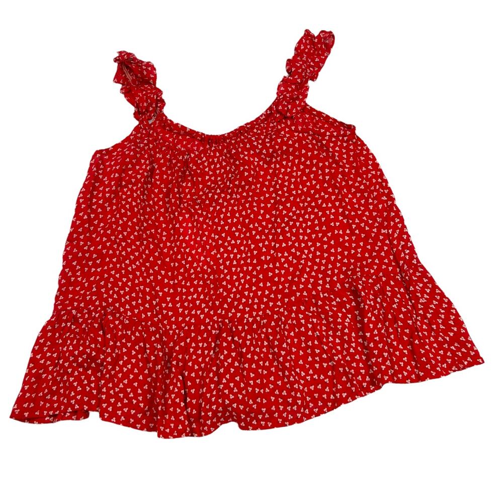 Sim & Sam Tank Top Red Ditz Floral Print Ruffle Sleeveless‎ Blouse NEW Women's S